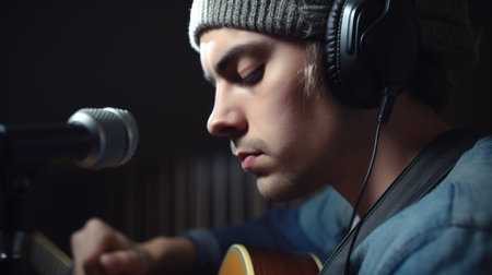 Indie Singer Male Caucasian Young Adult Writing and recording music for independent album release in Home studio. Generative AI AIG22.の素材