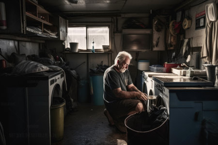 Male Caucasian Middle aged fixing appliances in garage workshop. Generative AI AIG23.の素材
