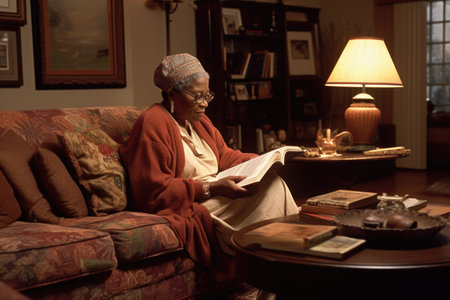 Female African senior reading books in living room casual relaxing. Generative AI AIG23.の素材