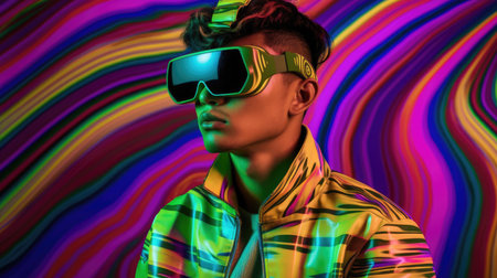 Young male model wearing VR posing with trendy man fashion outfit and colorful red optical art abstract background. Picturesque generative AIの素材