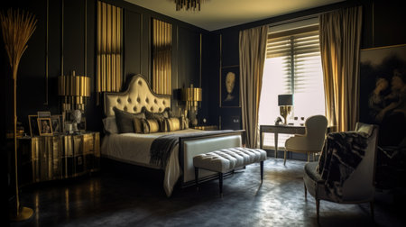Bedroom decor, home interior design . Art Deco Glamorous style with Chandelier decorated with Brass and Velvet material . Generative AI AIG26.の素材