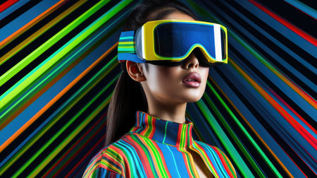 Young female model wearing VR posing with trendy fashion outfit and colorful optical art abstract background. Picturesque generative AIの素材