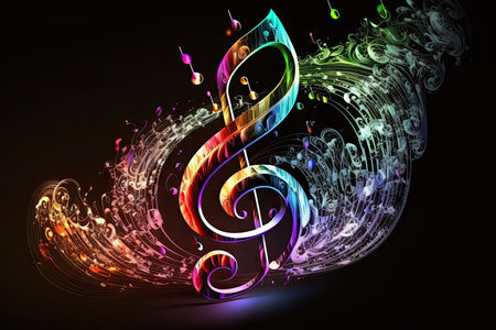 Musical notes flowing in many waves brilliant colors glowing. Generative AI AIG15.の素材
