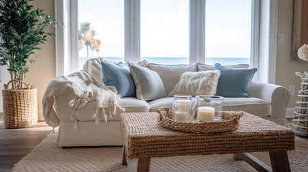 Living room decor, home interior design . Coastal Rustic style with Ocean View decorated with Wood and Rattan material . Generative AI AIG26.の素材