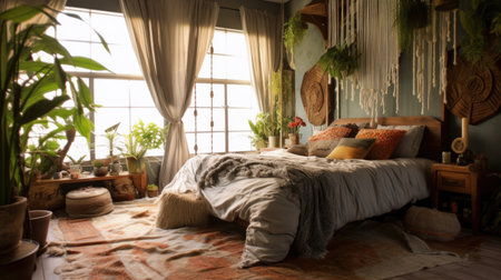 Bedroom decor, home interior design . Bohemian Eclectic style with Bed decorated with Wood and Metal material . Generative AI AIG26.の素材