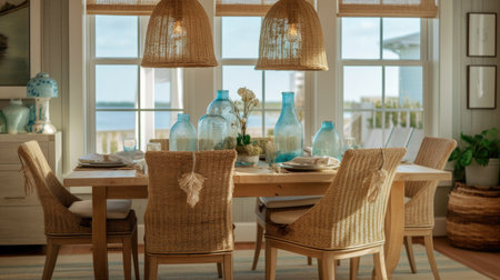 Interior design inspiration of Coastal Nautical style home dining room loveliness decorated with Rattan and Seagrass material and Window .Generative AI home interior design .の素材
