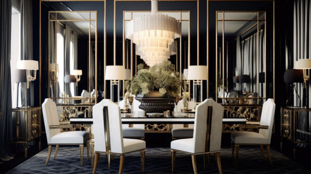 Interior design inspiration of Art Deco Glamorous style home dining room loveliness decorated with Glass and Brass material and Mirrors .Generative AI home interior design .の素材