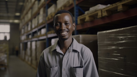 A smiling African male factory worker standing in warehouse. Generative AI AIG19.の素材