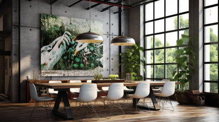 Interior design inspiration of Modern Industrial style home dining room loveliness decorated with Metal and Wood material and Statement Artwork .Generative AI home interior design .の素材