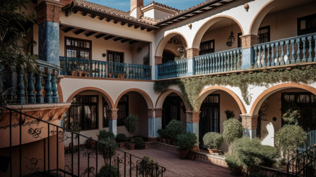 Home architecture design in Art Nouveau Style with Curved lines constructed by Glass and Iron material. Art Nouveau style. Generative AI AIG25 .の素材