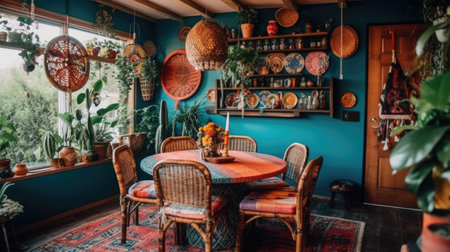 Interior design inspiration of Bohemian Eclectic style home dining room loveliness decorated with Wood and Rattan material and Macrame Wall Hanging .Generative AI home interior design .の素材