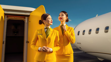 Two smiling air hostesses in yellow suit standing in front of airplane entrance under blue sky. Generative AI AIG21.の素材