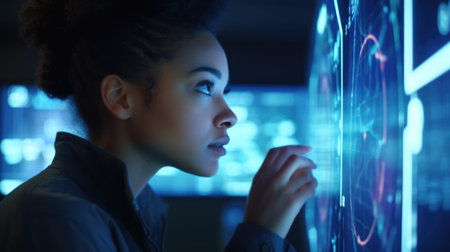 Young black woman with wonder, curiosity, looking at holographic digital display, futuristic technology, innovation. Generative AI AIG20.の素材