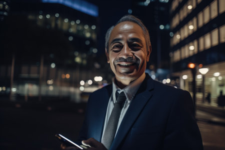 Wide angle shot of a senior mexican hispanic businessman executive using mobile phone with background of modern office buildings at night. Generative AI AIG18.の素材