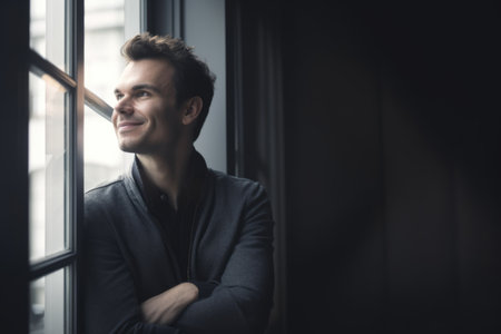 A smiling mature man with arms folded in suit near a window in an office. Generative AI AIG21.の素材