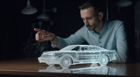 A business man touching a model of modern automobile car on a tabletop. Generative AI AIG21.の素材