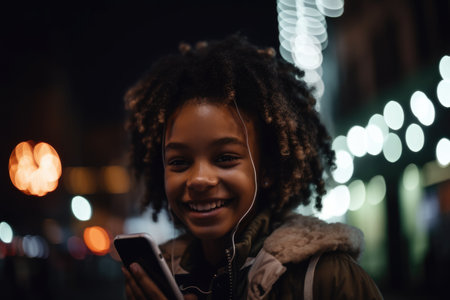 Low angle shot of a young african-american 10-year-old little girl trendy clothes using mobile phone with background of urban city street at night. Generative AI AIG18.の素材