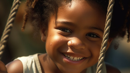 Close up smiling face, young african american girl playing on a swing, happiness, childhood, freedom, vitality, outdoor fun, carefree, sunlight. Generative AI AIG20.の素材