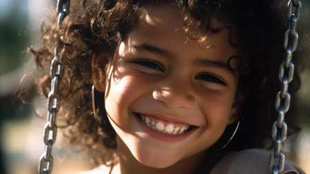 Close up smiling face, young hispanic girl playing on a swing, happiness, childhood, freedom, vitality, outdoor fun, carefree, sunlight. Generative AI AIG20.の素材