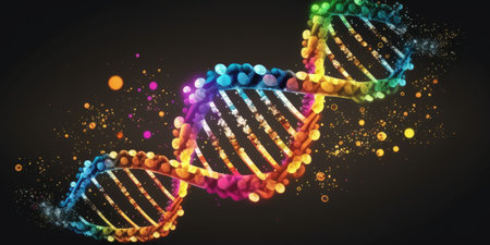DNA molecule double helix in colorful. distinct generative AI image.の素材