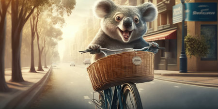 koala have fun bicycle ride on sunshine day in summer on town streetの素材