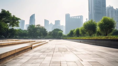 Empty concrete floor in public park with city building in downtown background. Generative AI AIG21.の素材