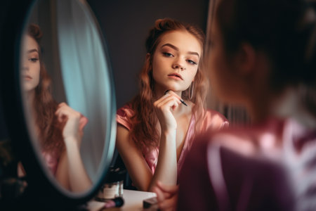 Female Caucasian teenager doing makeup in bedroom glamor. Generative AI AIG23.の素材