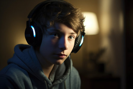 Male Caucasian teenager listening to music headphones bedroom. Generative AI AIG23.の素材