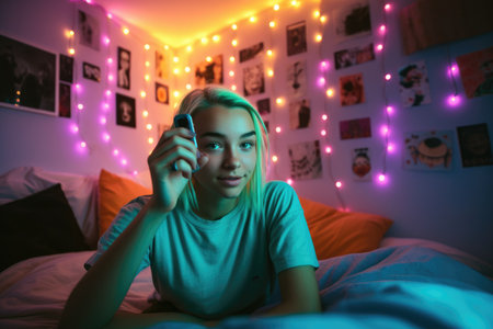 Female Caucasian teenager taking selfies in bedroom trendy picture. Generative AI AIG23.の素材