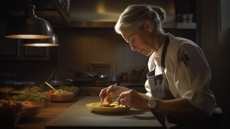 Chef Female Caucasian Middle-aged Preparing a dish in Kitchen. Generative AI AIG22.の素材