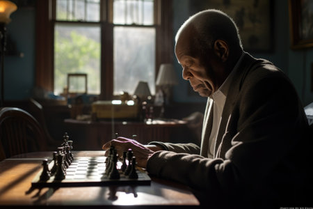 Male African elderly playing chess in sun room activity. Generative AI AIG23.の素材