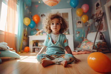 Male Caucasian child playing in playroom fun leggings. Generative AI AIG23.の素材