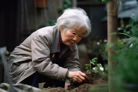 Female Asian elderly gardening in backyard plants grass. Generative AI AIG23.の素材