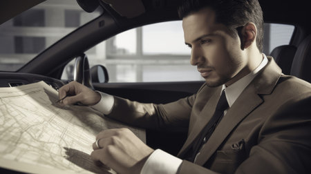 CEO Male Hispanic Young Adult Reviewing blueprints and designs for a construction project in parked Car. Generative AI AIG22.の素材