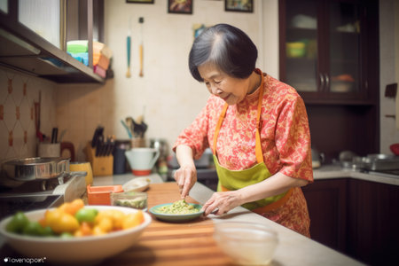 Female Asian senior cooking in kitchen apron chef attire. Generative AI AIG23.の素材
