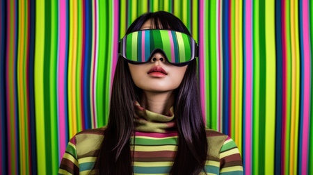 Young female model wearing VR posing with trendy fashion outfit and colorful optical art abstract background. Picturesque generative AIの素材