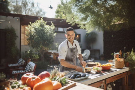 Male Hispanic adult cooking outdoor kitchen stove. Generative AI AIG23.の素材