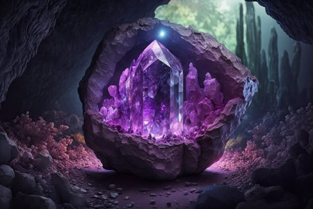 Magical fantasy crystal amethyst mystical glows. Glorious Generative AI.の素材