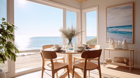Interior design inspiration of Coastal Modern style home dining room loveliness decorated with Bamboo and Glass material and Ocean view .Generative AI home interior design .の素材