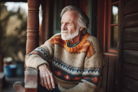 Male Caucasian senior knitting cozy sweater warmth front porch. Generative AI AIG23.の素材