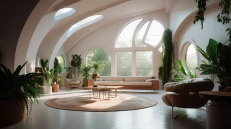 Futuristic curvilinear interior minimal living room terracotta. Generative AI AIG18.の素材
