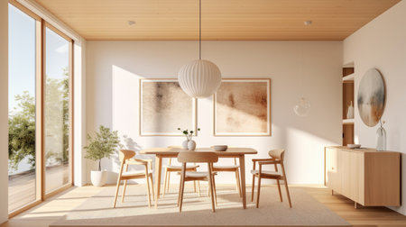 Interior design inspiration of Contemporary Scandinavian style home dining room loveliness decorated with Glass and Wood material and Window .Generative AI home interior design .の素材