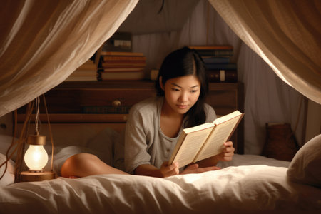 Female Asian teenager reading books in bedroom casual relaxing. Generative AI AIG23.の素材