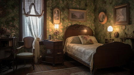 Bedroom decor, home interior design . Art Nouveau Vintage style with Wallpaper decorated with Wood and Brass material . Generative AI AIG26.の素材