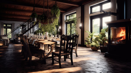Interior design inspiration of Rustic Farmhouse style home dining room loveliness decorated with Wood and Metal material and Chandelier .Generative AI home interior design .の素材