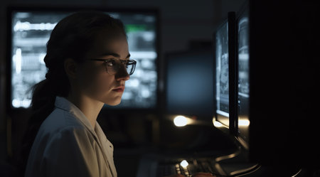 A young female scientist in lab coat looking at a computer in a laboratory. Generative AI AIG21.の素材