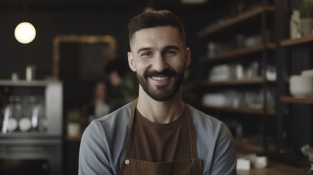 Smiling Caucasian male barista wearing apron standing in coffee shop looking at camera. Generative AI AIG21.の素材