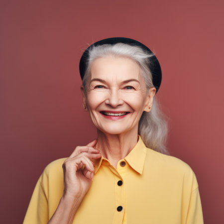 Happy mature woman in studio portrait color background. Generative AI AIG20.の素材