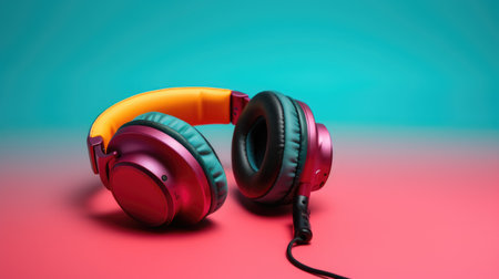 Levitating headphones on solid background, vivid color, product photography. Generative AI AIG20.の素材