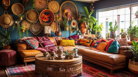 Living room decor, home interior design . Bohemian Eclectic style with Gallery wall decorated with Rattan and Macrame material . Generative AI AIG26.の素材
